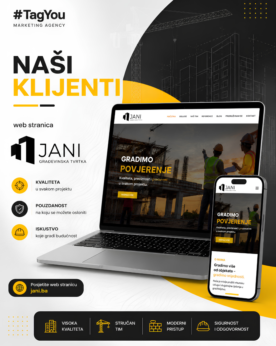 Web stranica građevinske tvrtke JANI na računalu i mobitelu